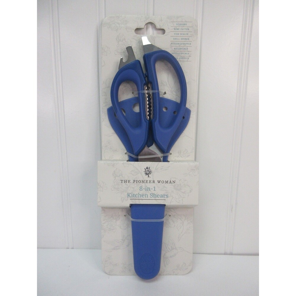 Pioneer Woman Serrated Chef Kitchen Shears 8 in 1 Stainless Steel Blue